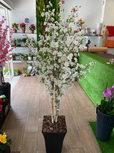 Árvore artificial de flores brancas em vaso preto numa loja de plantas