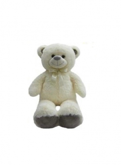 Urso de peluche branco com laço bege e patas cinzentas