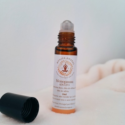 Frasco roll-on de óleo para menopausa em vidro âmbar com tampo preto