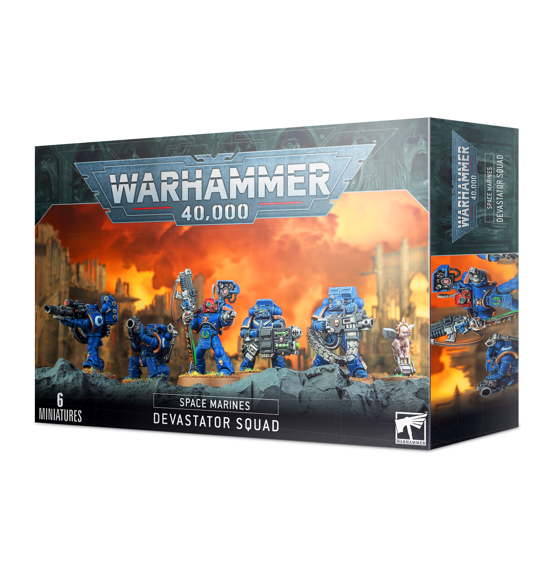 Caixa do jogo Warhammer 40,000 com 6 miniaturas de Space Marines Devastator Squad
