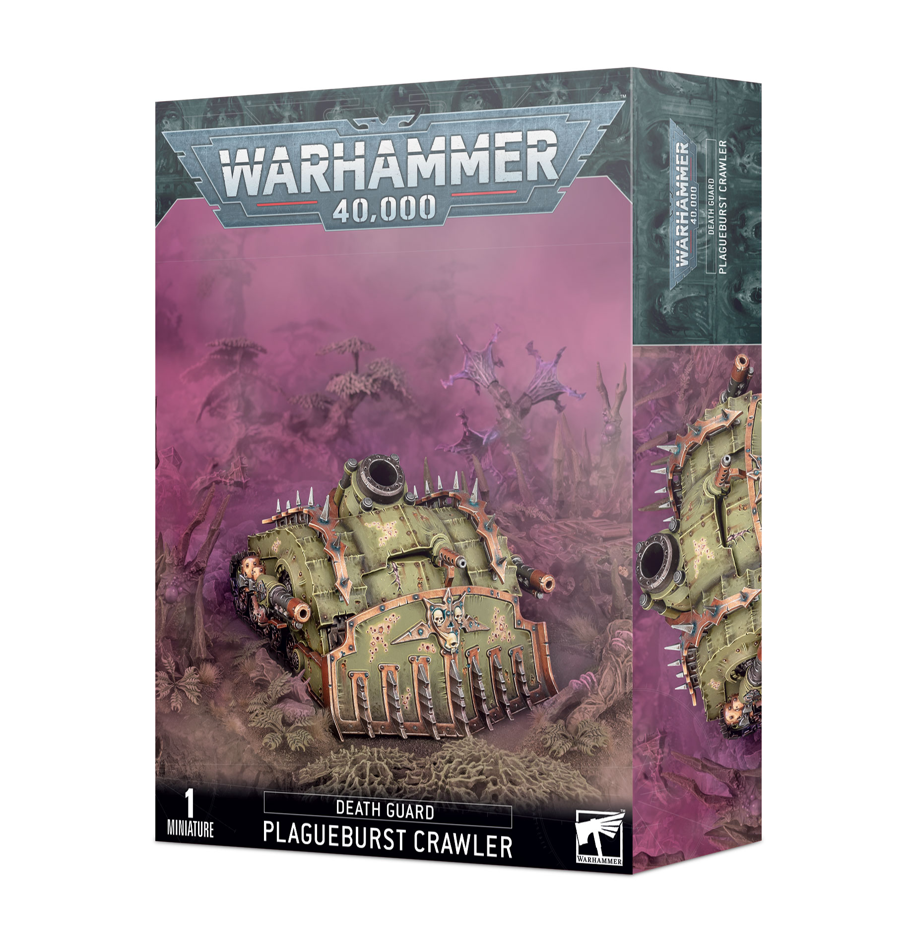 Caixa Warhammer 40.000 Plagueburst Crawler Death Guard verde com espinhos e detalhes metálicos