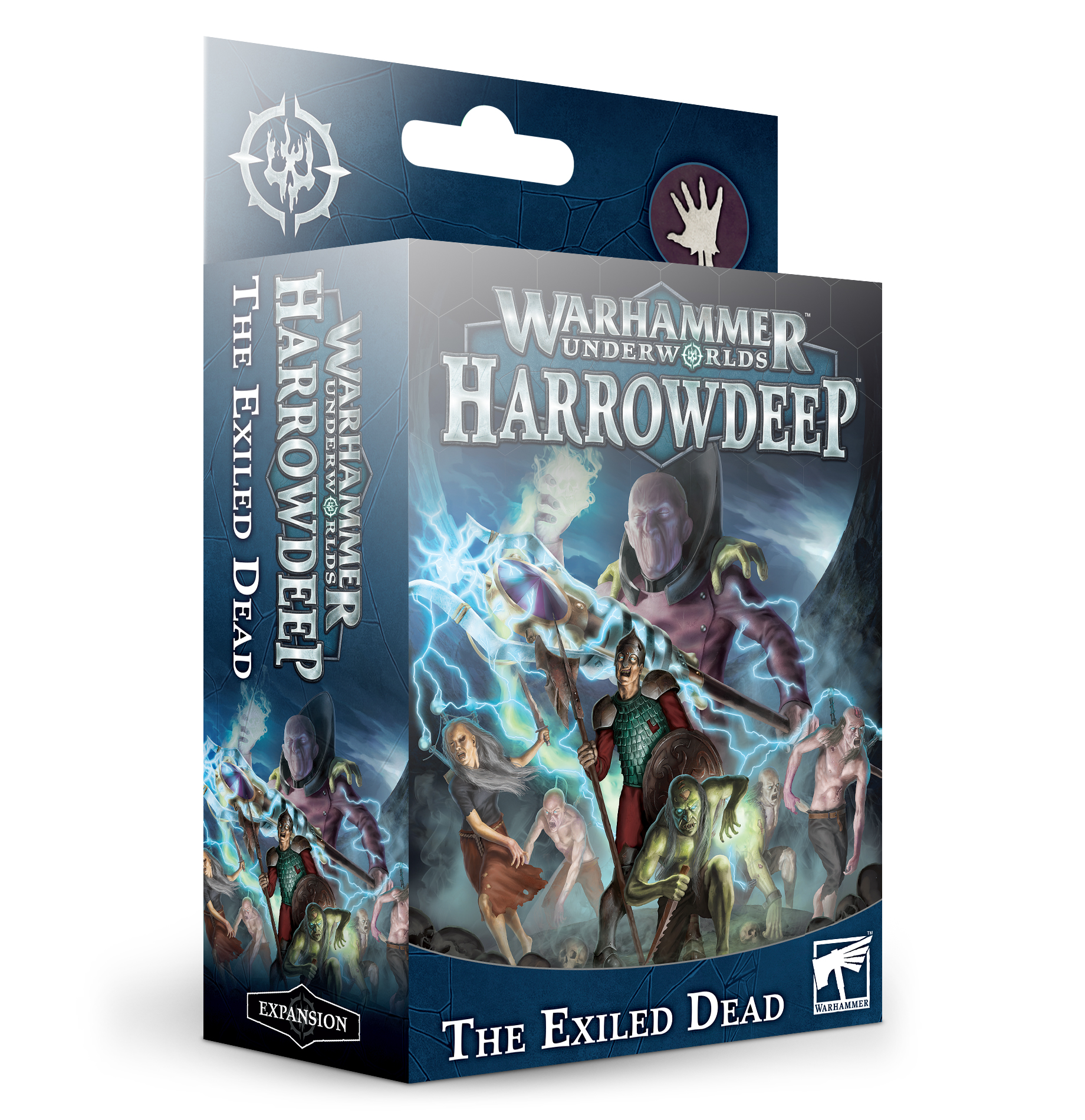 Caixa do jogo Warhammer Underworlds Harrowdeep The Exiled Dead com ilustração de personagens em fundo azul e texto na embalagem