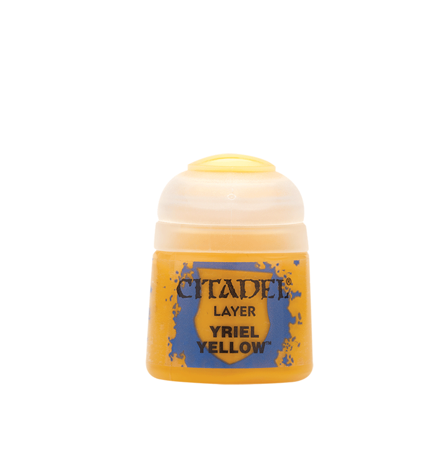 Citadel Layer Yriel Yellow paint pot with yellow and blue label and rounded frosted lid