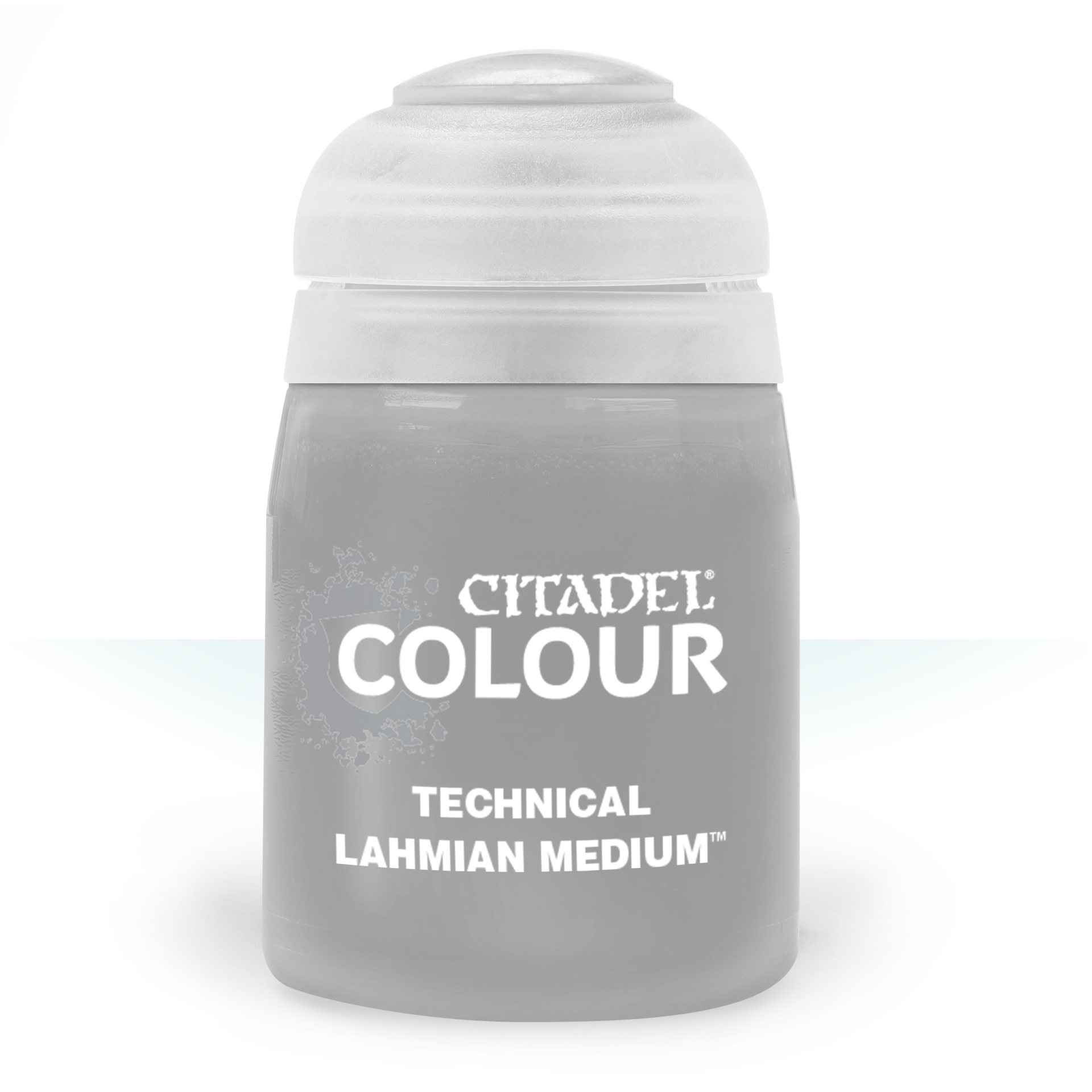 Grey plastic pot with white lid labeled Citadel Colour Technical Lahmian Medium