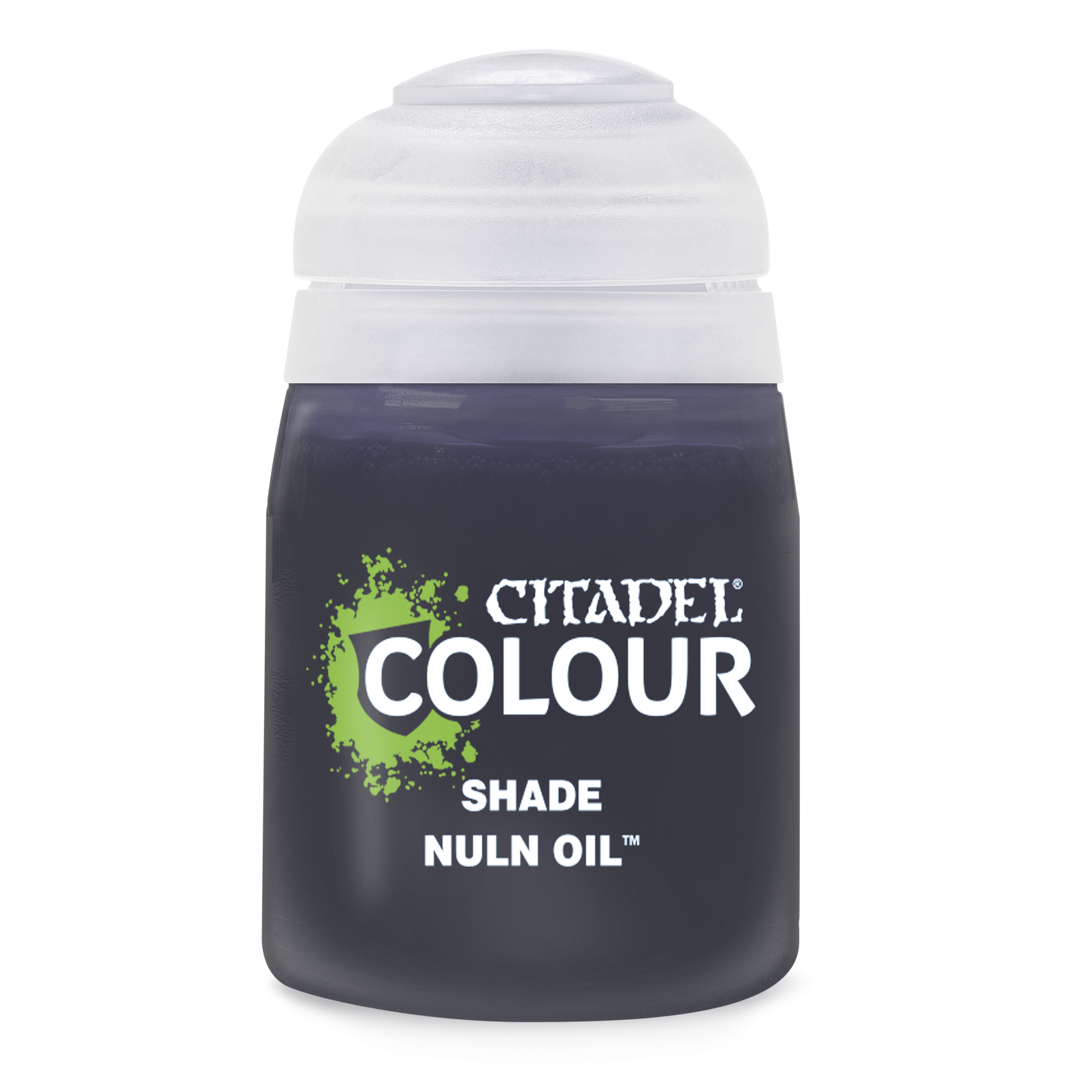 Frasco de tinta Citadel Colour Shade Nuln Oil preto com tampa branca