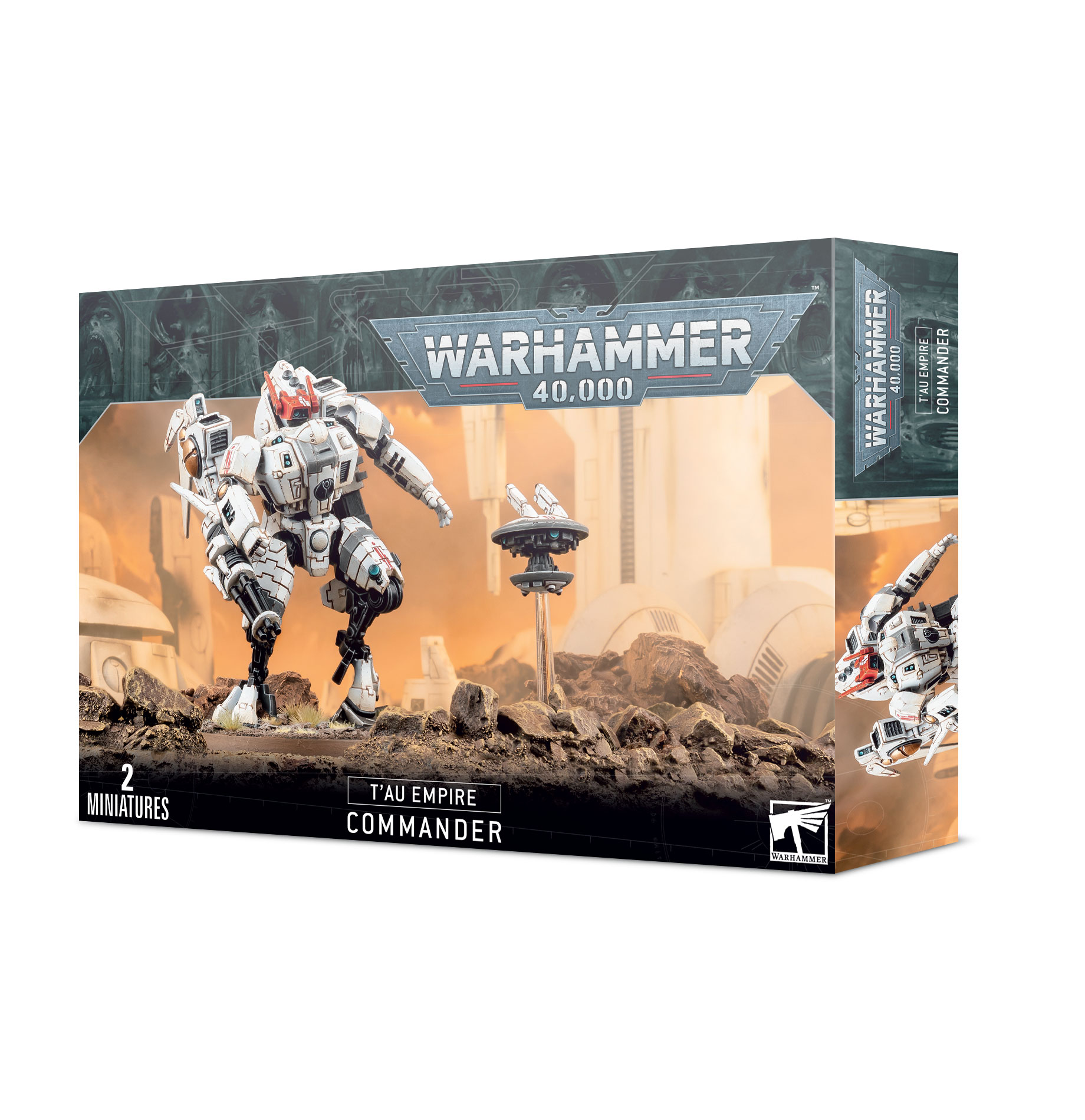 Caixa de jogo WARHAMMER 40.000 T'AU EMPIRE COMMANDER com duas miniaturas robô branco em terreno rochoso
