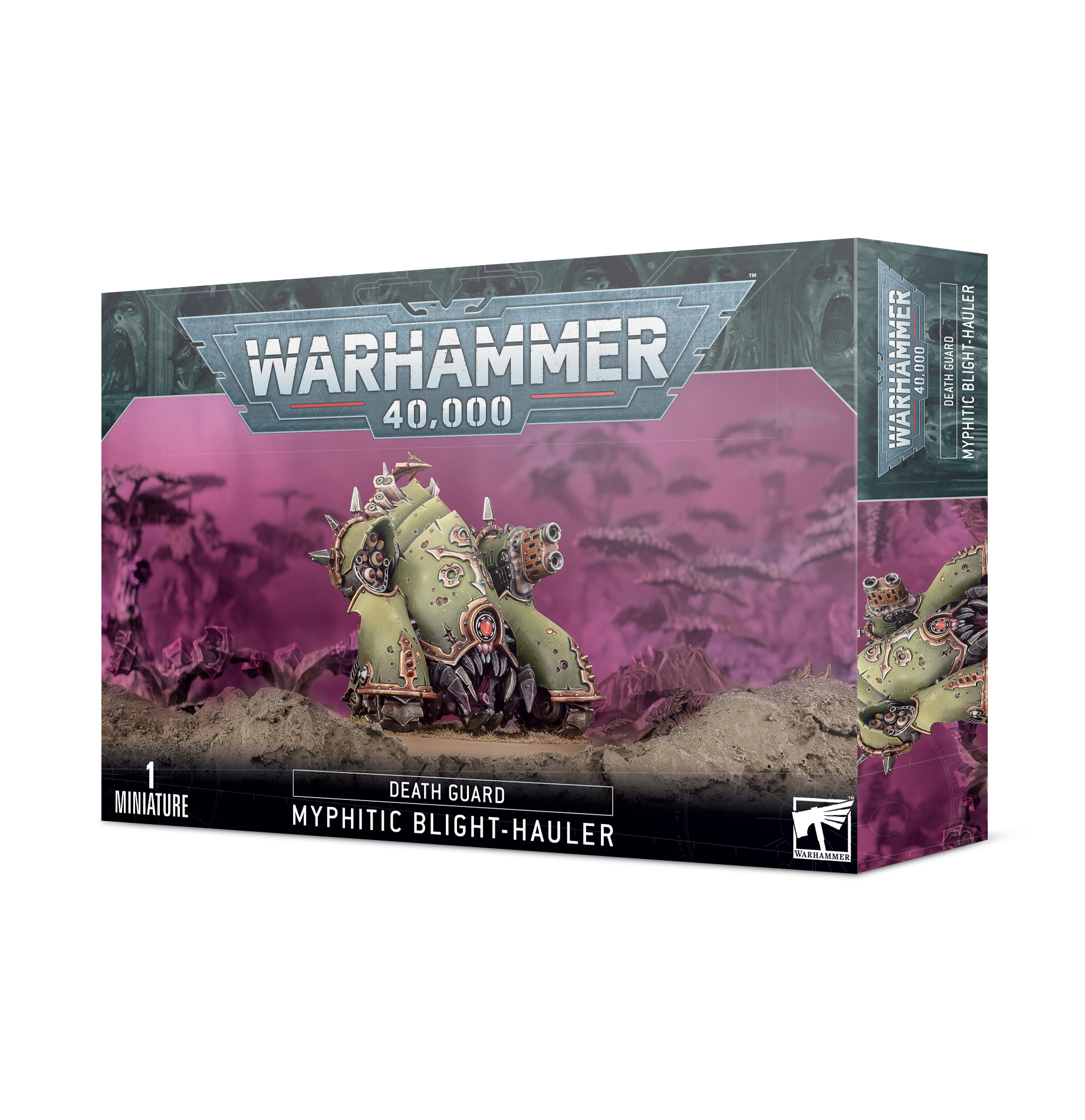 Caixa de miniatura Warhammer 40.000 Death Guard Mythic Blight-Hauler em cores verdes e metálicas, com base texturizada