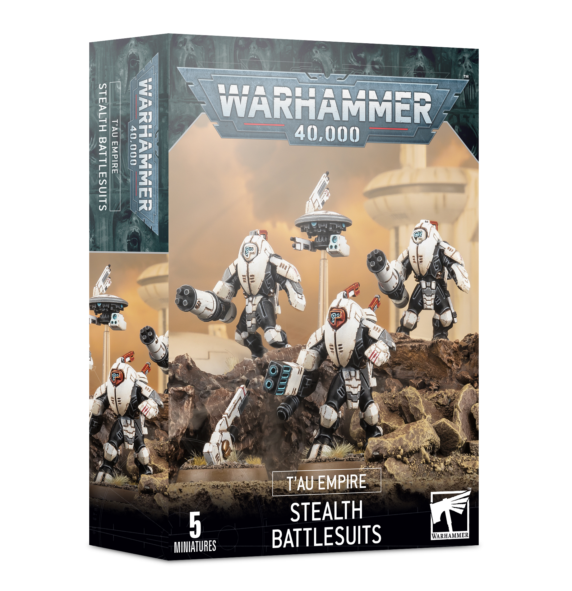 Caixa Warhammer 40,000 Tau Empire Stealth Battlesuits com miniaturas brancas