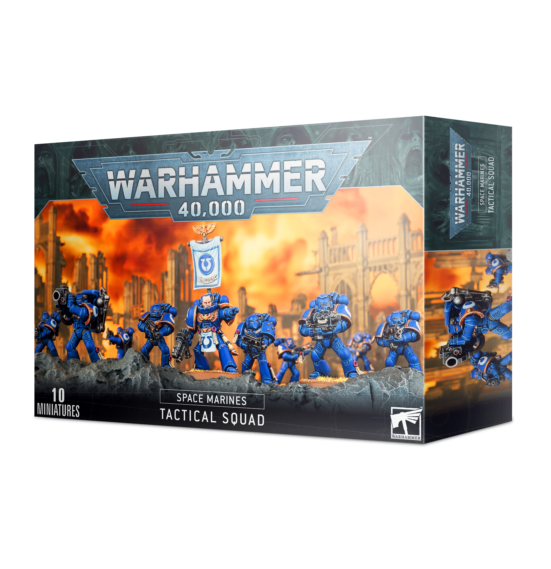 Caixa Warhammer 40,000 Space Marines Tactical Squad com 10 miniaturas de soldados azuis em cenário de batalha