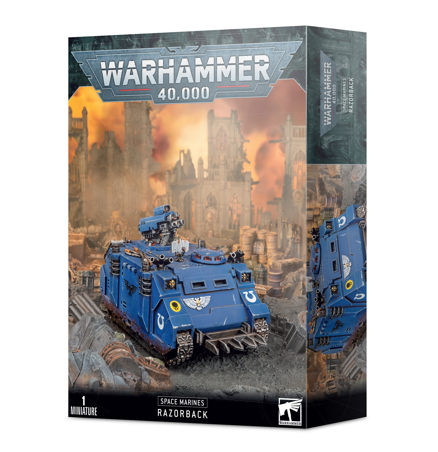 Caixa do jogo Warhammer 40.000 com miniatura Razorback azul em cenário de ruínas.