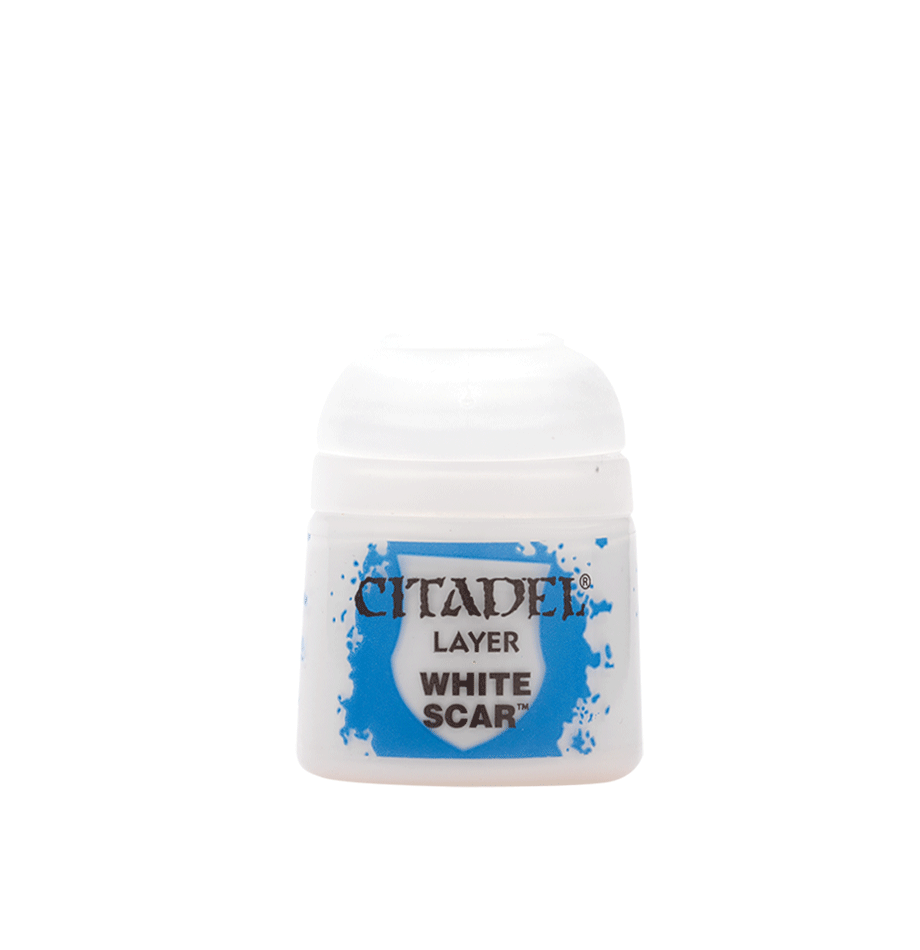 Citadel Layer WHITE SCAR paint container with blue splatter graphics