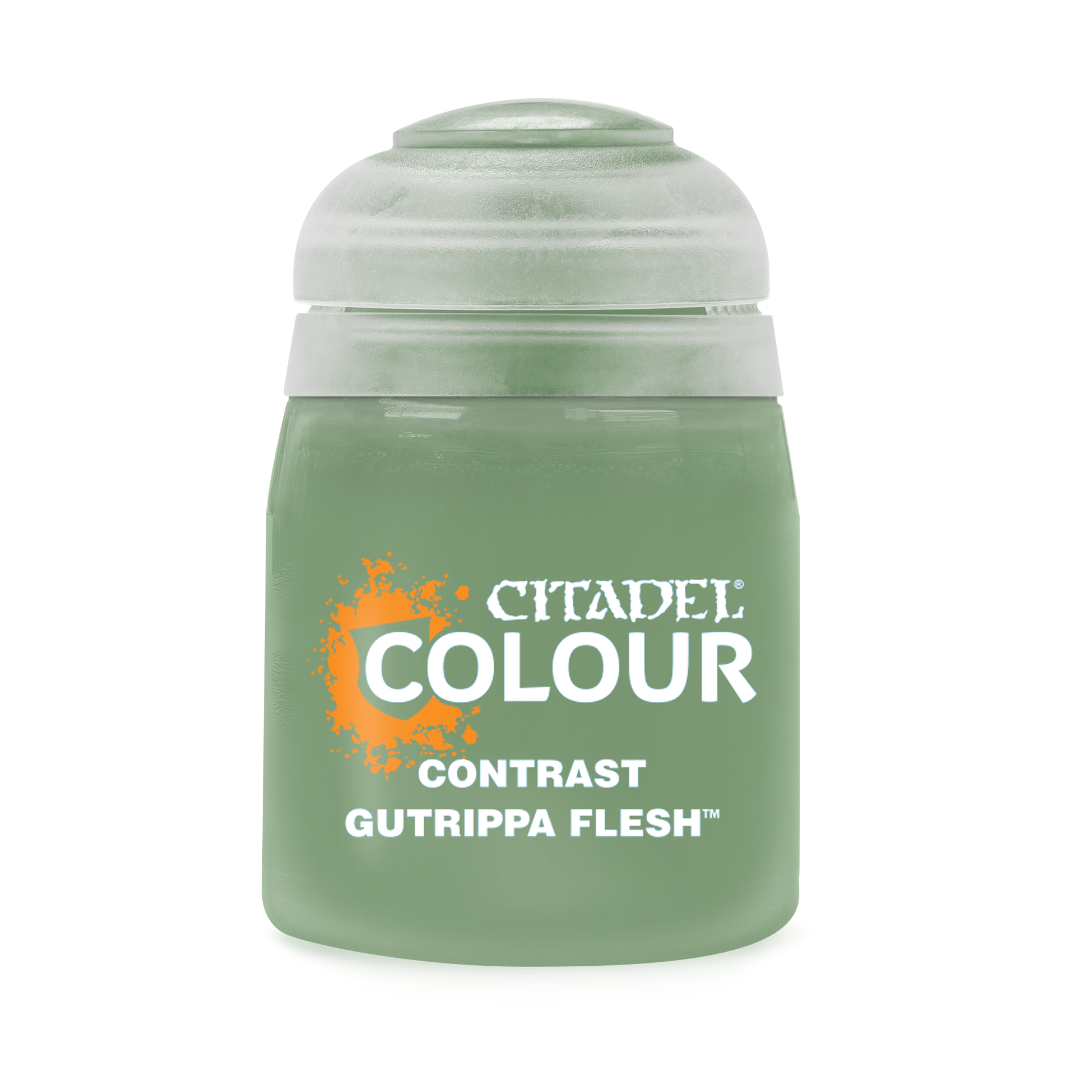 Citadel Colour Contrast Gutrippa Flesh paint pot with frosted green container and translucent lid
