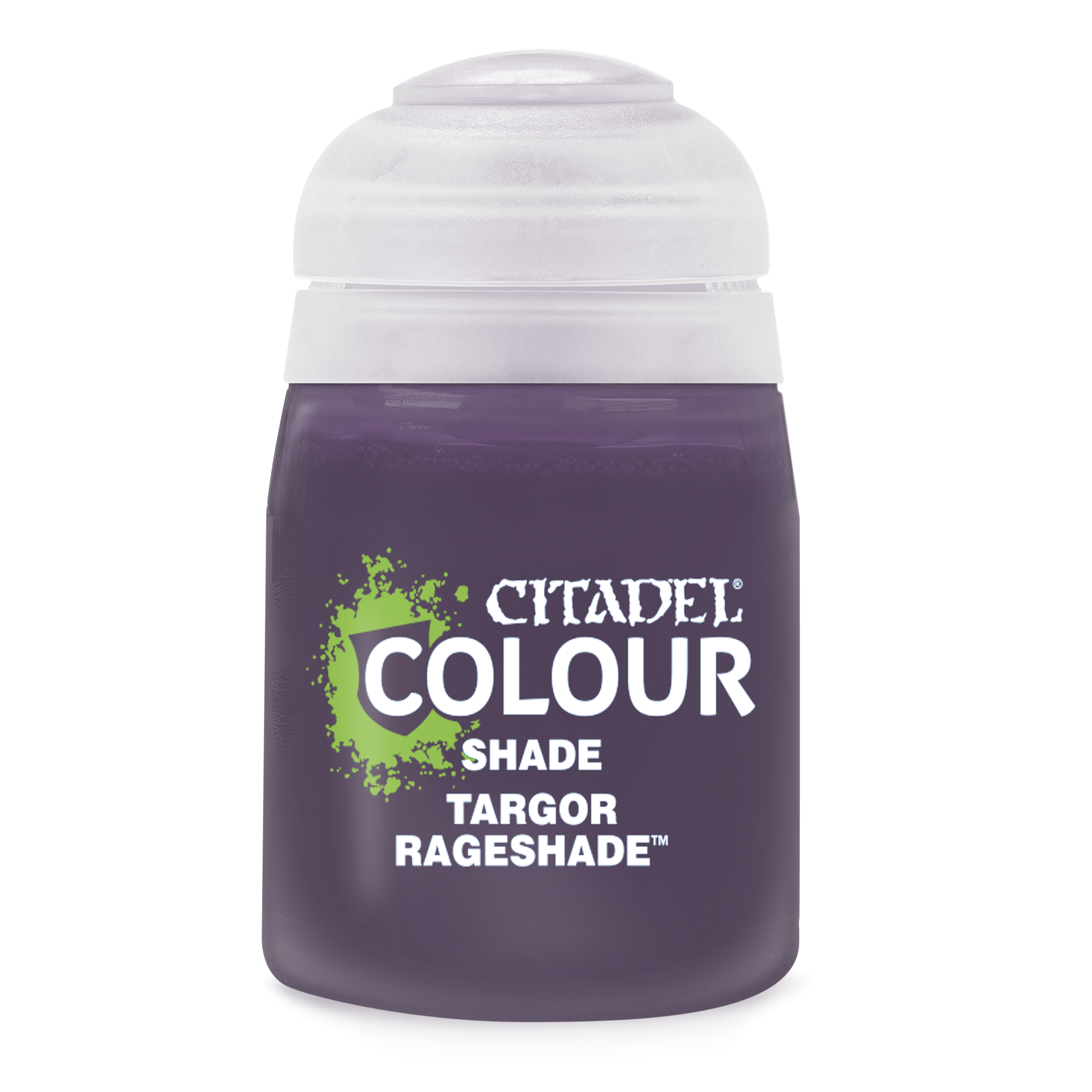 Citadel Colour shade paint bottle labeled 'Targor Rageshade' with purple paint and frosted cap