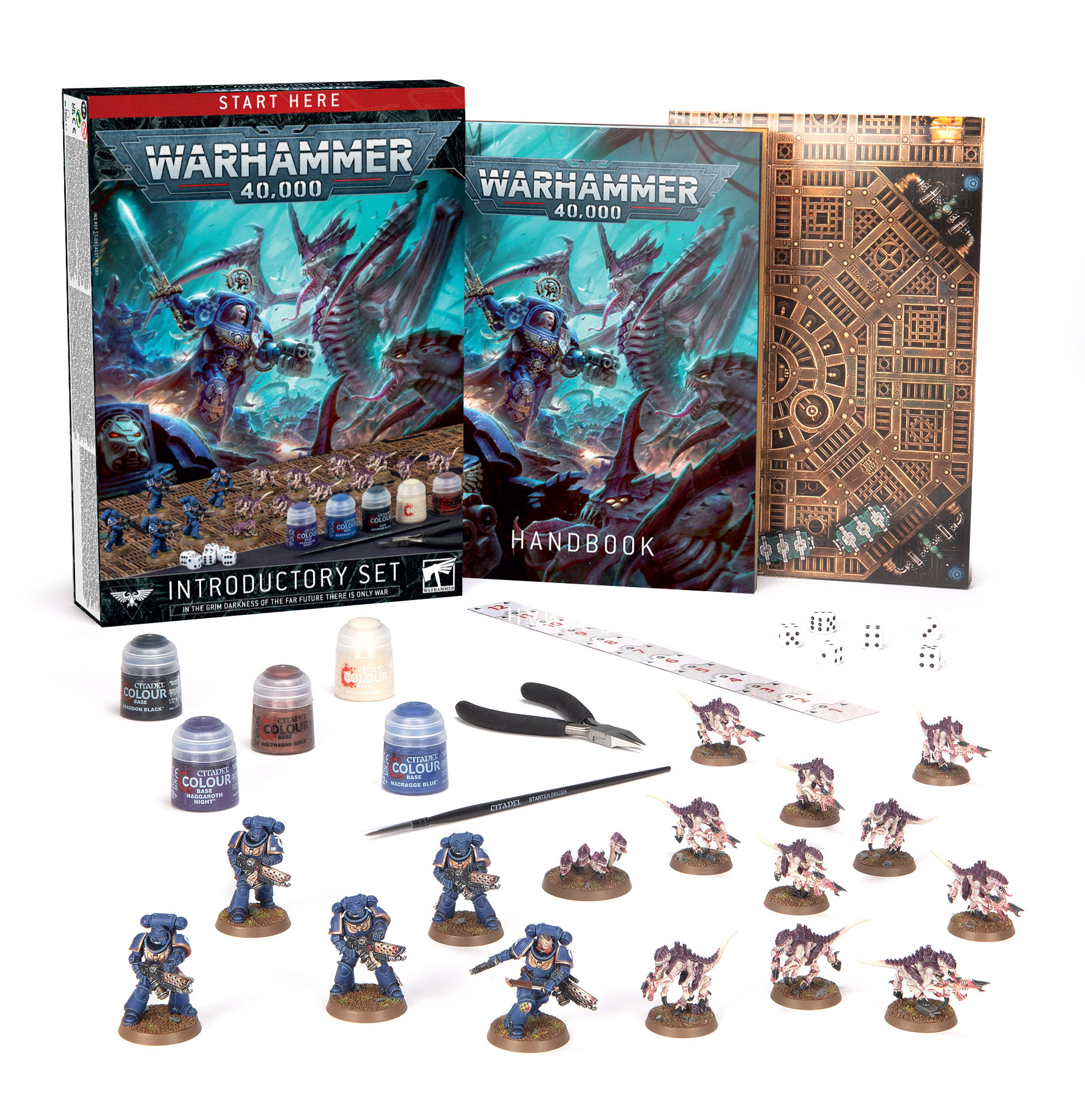 Conjunto introdutório Warhammer 40,000 com miniaturas, tintas, pincel e manual.