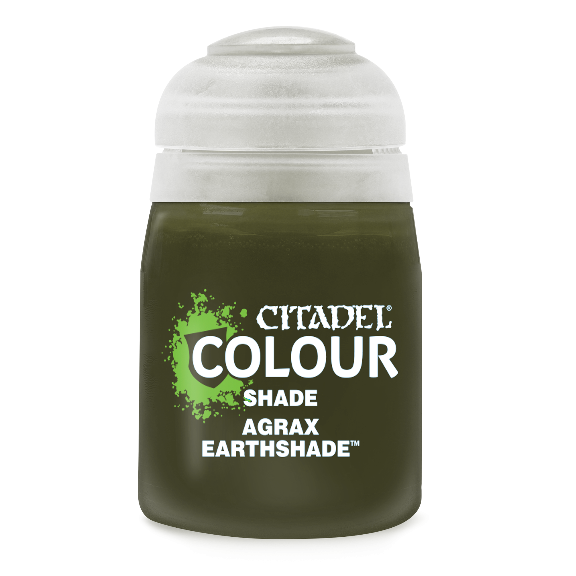 Frasco de tinta Citadel Colour Shade Agrax Earthshade com tampa translúcida.