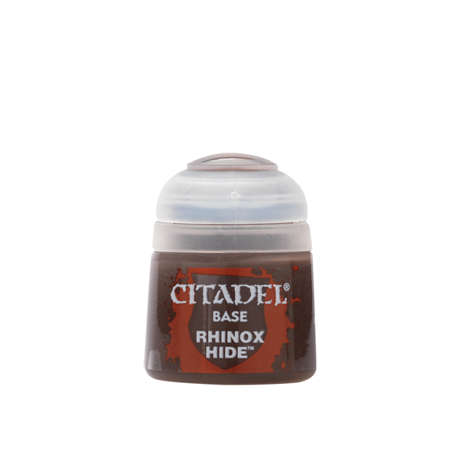 Citadel Base Rhinox Hide paint pot with brown label and cap on white background