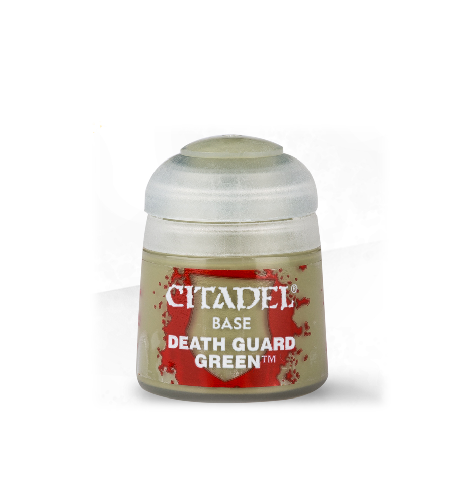 Citadel base paint pot labeled DEATH GUARD GREEN with red splash design and frosted cap