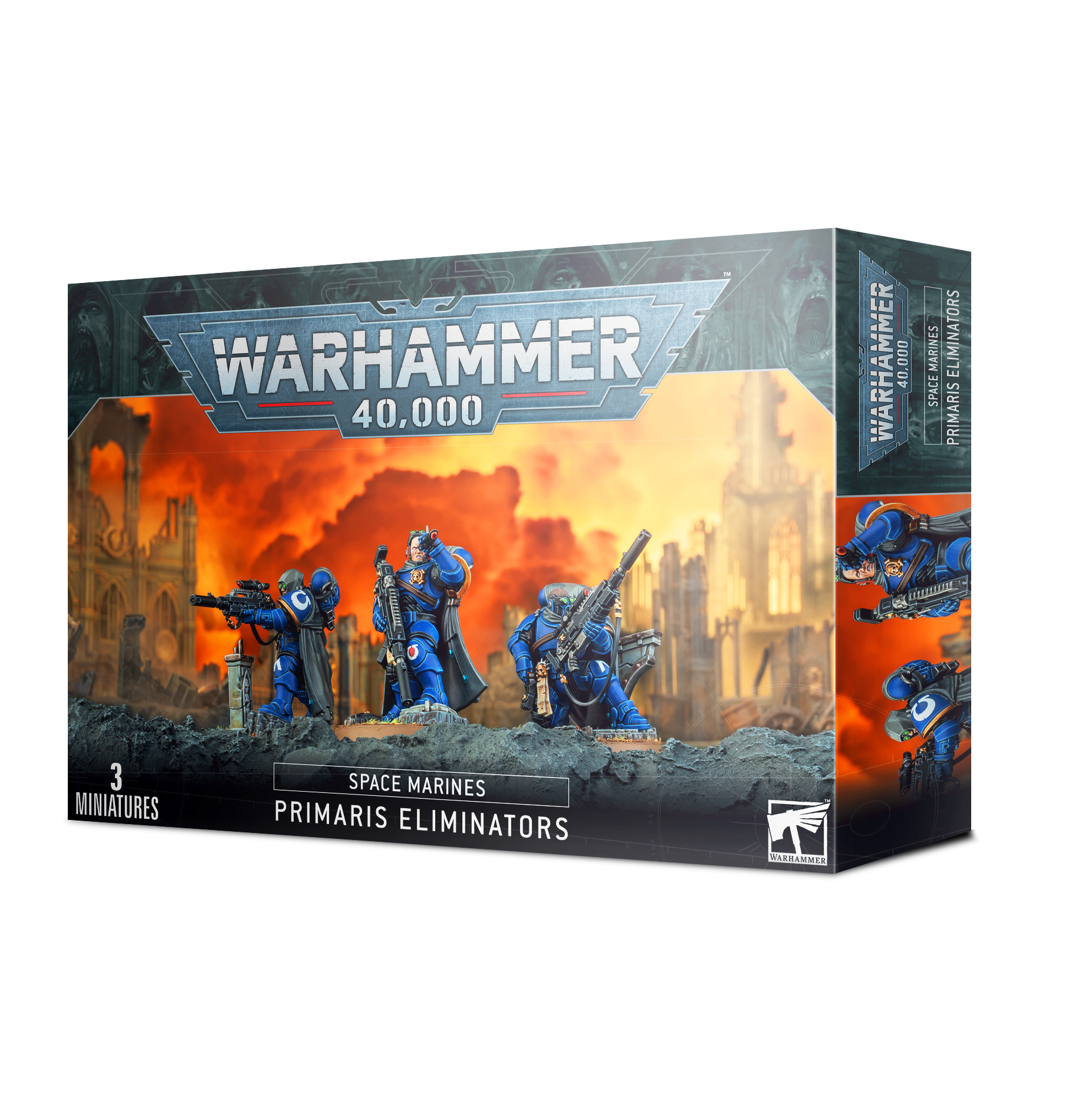 Caixa Warhammer 40,000 com 3 miniaturas Space Marines Primaris Eliminators azuis