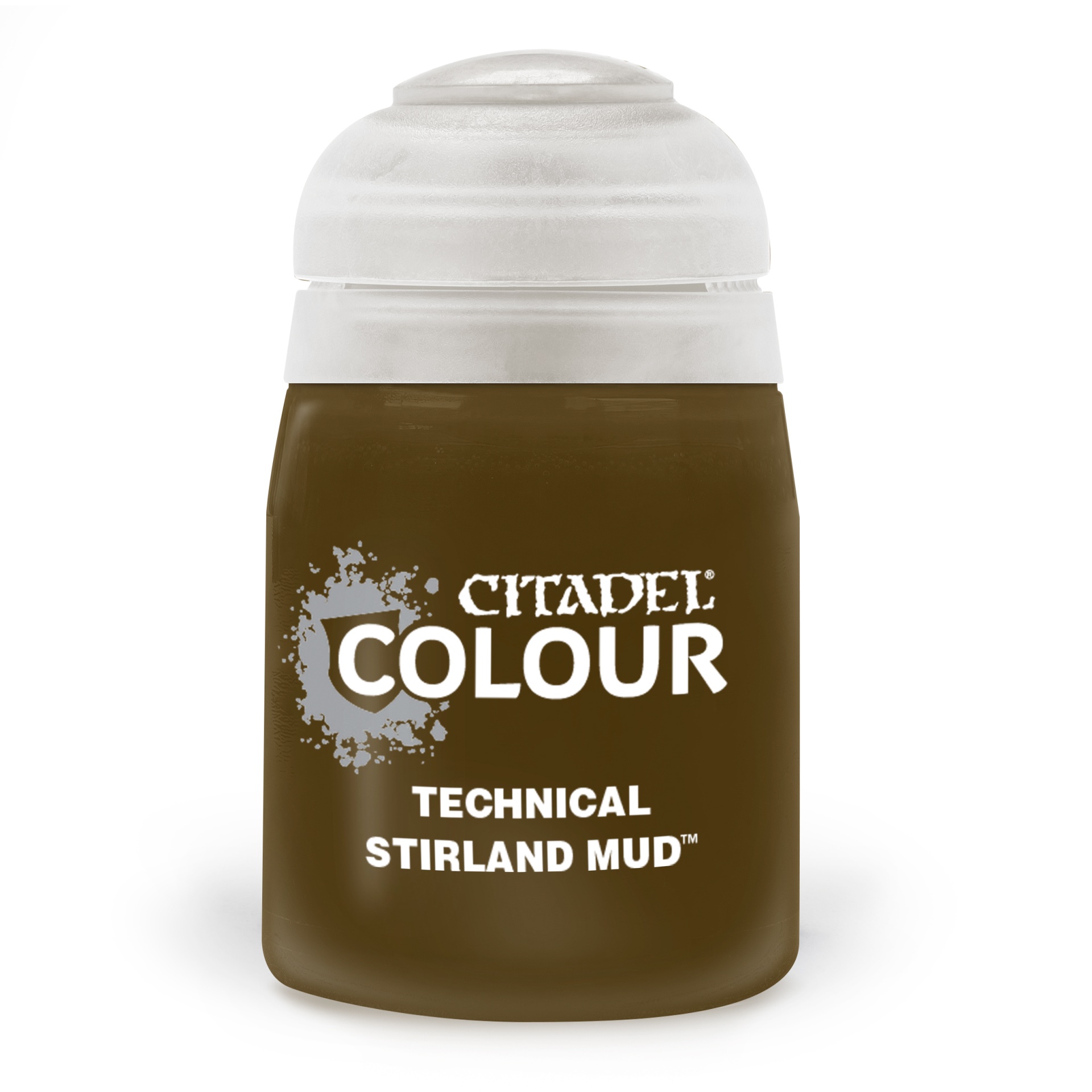 Frasco de tinta Citadel Colour Technical Stirland Mud castanha escura com tampa branca