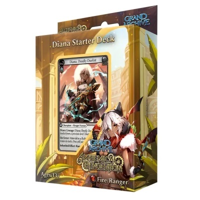 Embalagem de baralho inicial Diana Starter Deck com personagem de fantasia e texto visível