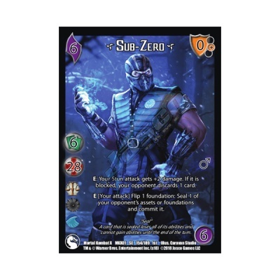 Cartão de jogo colecionável de Sub-Zero com tema azul e texto legível