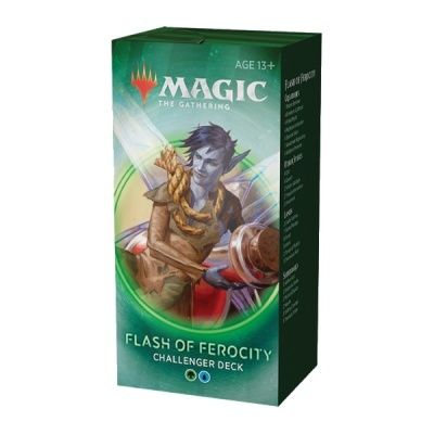 Embalagem do deck Flash of Ferocity do jogo Magic: The Gathering com ilustração de personagem fantástico