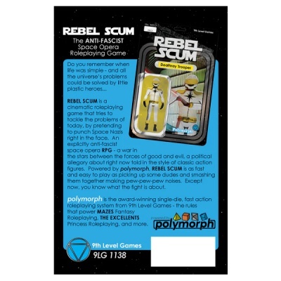 Embalagem do jogo Rebel Scum com texto explicativo e logos