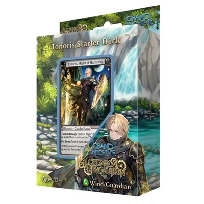 Embalagem do jogo de cartas Tonoris Starter Deck com personagem em armadura e texto com informações do produto.