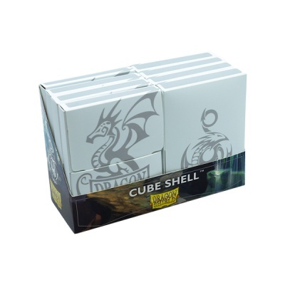 Caixas brancas com padrão de dragão cinza empilhadas em embalagem preta com texto