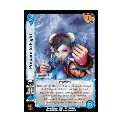 Cartão de jogo Prepare to Fight com personagem feminina e texto de regras