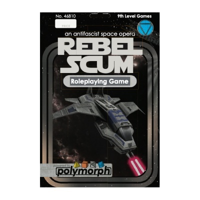 Capa de jogo de roleplaying REBEL SCUM com nave espacial e texto promocional