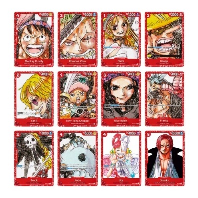 Cartas colecionáveis de personagens One Piece com fundo vermelho