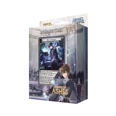 Embalagem do jogo de cartas Rai Starter Deck Dawn of Ashes com ilustração de personagem e carta