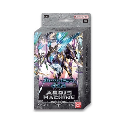 Caixa de jogo de cartas Battle Spirits Saga ÆGIS OF THE MACHINE Starter Deck com ilustração de robôs.