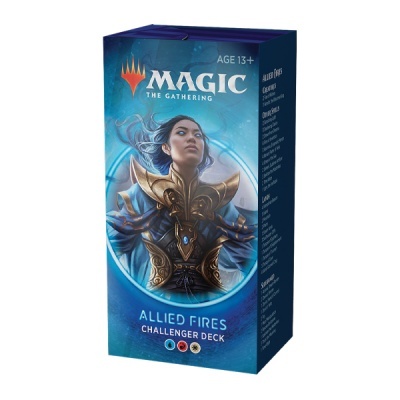 Embalagem azul do jogo Magic The Gathering Allied Fires Challenge Deck com personagem feminina em armadura dourada