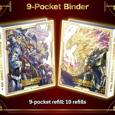Dois binders para cartas do jogo Digimon Card Game com design branco e dourado e personagens ilustrados, texto promocional em amarelo
