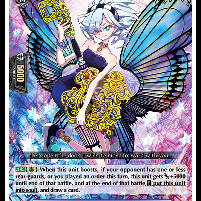 Cartão colecionável 'Opener of Heart, Philya' com personagem de asas de borboleta