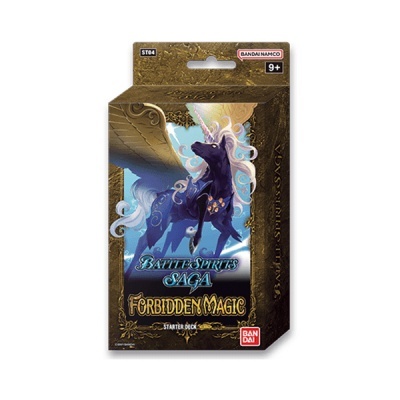 Caixa do jogo Battle Spirits Saga Forbidden Magic Starter Deck com cavalo preto e crina branca