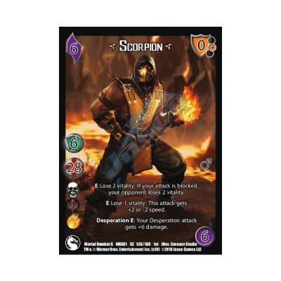 Carta de jogo Scorpion do Mortal Kombat com informações de ataque e defesa e personagem em fundo de fogo