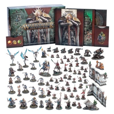 Conjunto de miniaturas Warhammer Age of Sigmar Skaventide com caixa, livro e muitas figuras pintadas.
