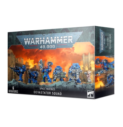 Caixa do jogo Warhammer 40,000 com 6 miniaturas de Space Marines Devastator Squad