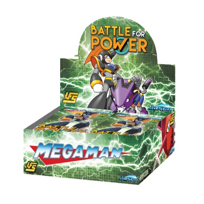 Expositor de jogos Mega Man com ilustração e texto BATTLE for POWER