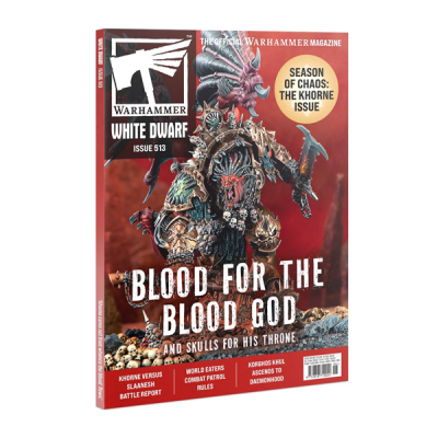 Revista Warhammer White Dwarf edição 513 com figura guerreira e texto promocional em capa vermelha.