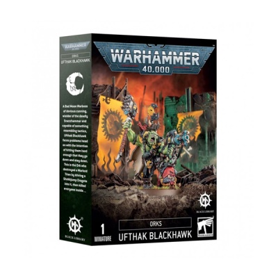 Embalagem da miniatura Ufthak Blackhawk Warhammer 40,000 com figuras orcs e ambientação de batalha