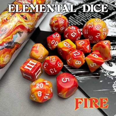 Dados coloridos em vermelho, amarelo e laranja com números brancos e uma caixa com padrão de fogo, texto Elemental Dice e Fire