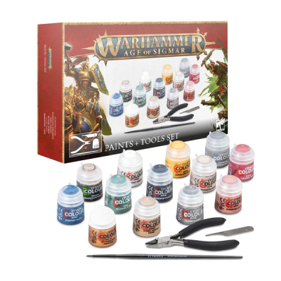 Conjunto Warhammer Age of Sigmar com tintas, pincel e alicate