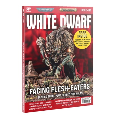 Revista White Dwarf edição 497 com capa vermelha e figura monstruosa esculpida em destaque
