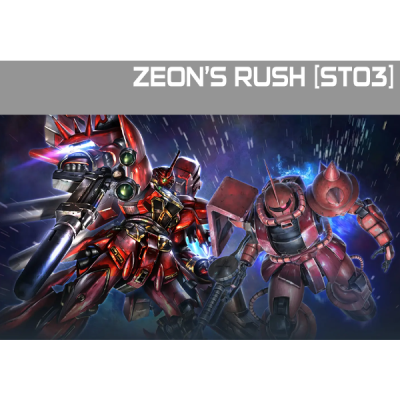Dois robôs gigantes vermelhos com texto ZEON'S RUSH [ST03]