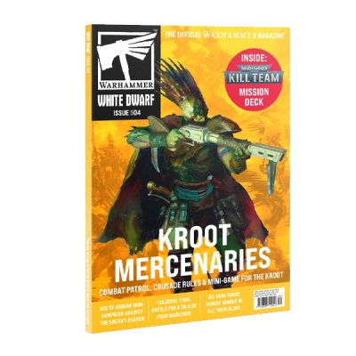 Revista Warhammer White Dwarf Issue 104 com personagem guerreiro em armadura verde e texto KROOT MERCENARIES