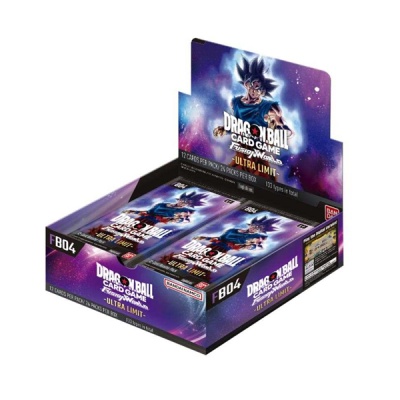 Caixa expositora Dragon Ball Card Game Ultra Limit com personagens e cores roxo, azul e preto